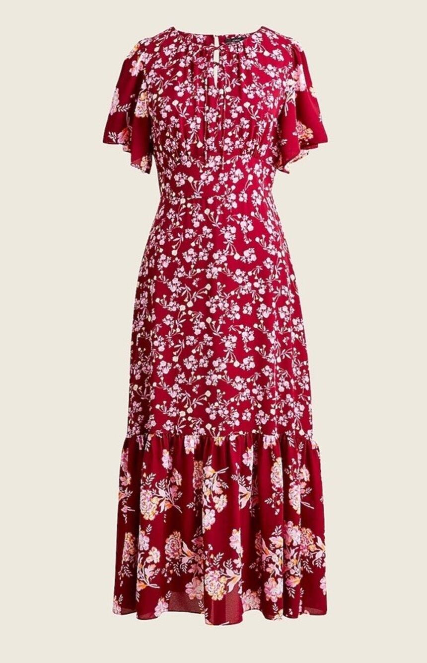 NWT J.Crew Drapey Flutter Sleeve Burgundy Blooms Floral Midi Dress Size 4